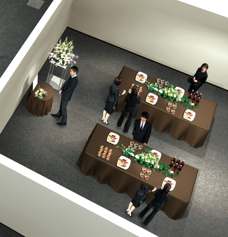 葬儀-食事会場-花装飾